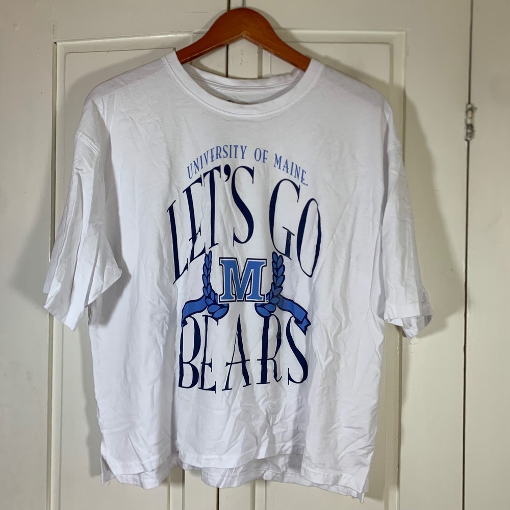 University Maine UMO Lets Go Bears Graphic T-Shirt White XL Champion Crop READ